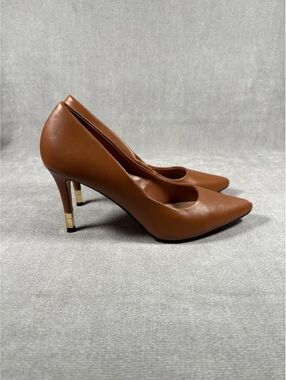 ALDO Stessy Cognac Leather Pointed Toe Stiletto Pumps Gold Tip Heels 7.5